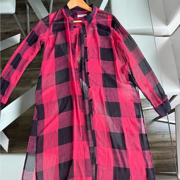 Zara Long Red Black Sheer Plaid Flannel Button Up - Picture 3 of 5